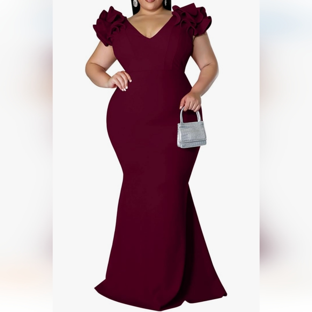 PLUS SIZE Elegant Mermaid Dress V-neck Ruffle Sleeve Maxi
